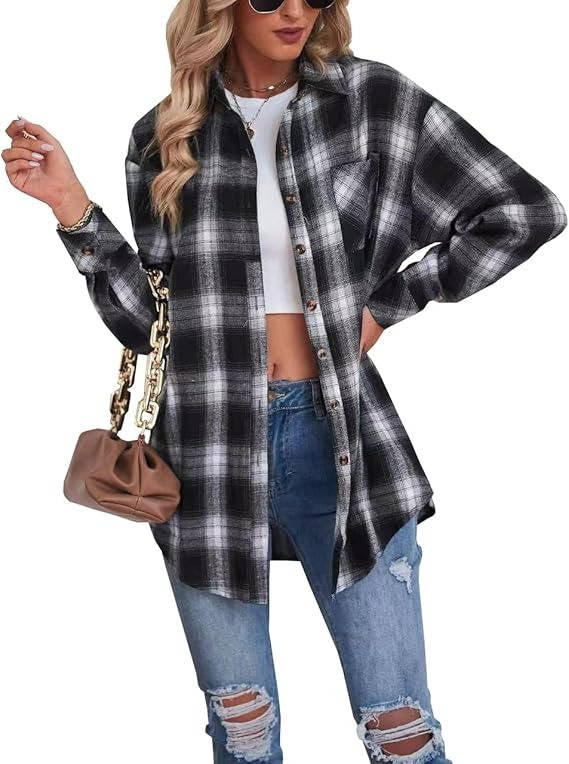 Oversized Flannel Shirt for Women, Long Sleeve Plaid Button Down Buffalo Shirt Blouse Top with One Pocket