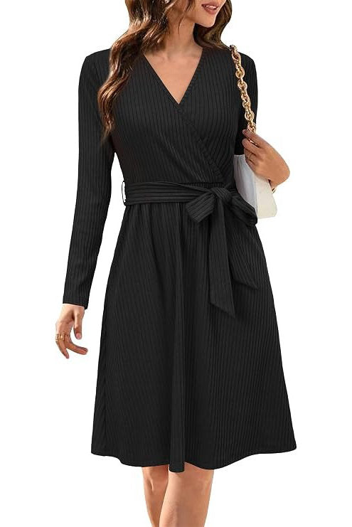 Women's Fall Work Dress, Teacher Church Business Casual Knit Midi Sweater Dress with Pockets and Belt 2026