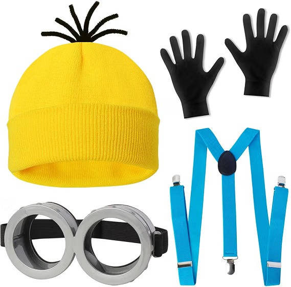 Halloween Costume for Adults, 4 Pcs Yellow Costume Set with Hat Goggles Gloves and Suspenders