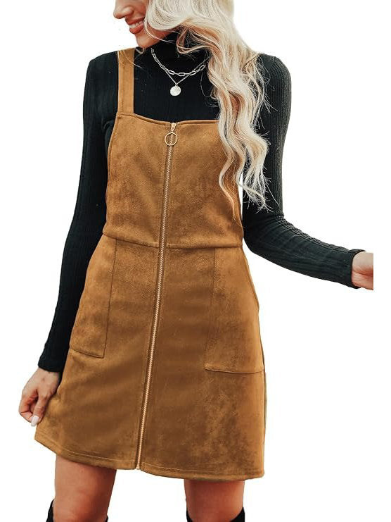 Womens Faux Suede Mini Fall Dress, Square Neck Wide Strap Casual Autumn Dress with Front Pockets