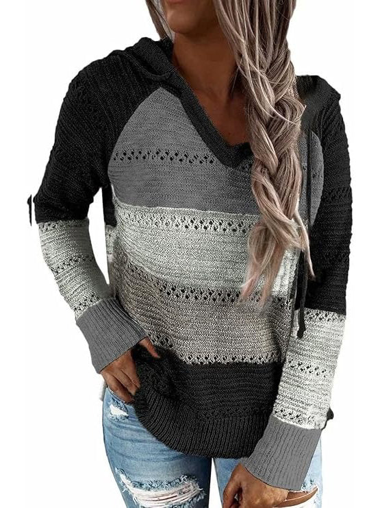 Womens Striped Crochet Sweater Hoodie, Long Sleeve Colorblock Lightweight Knit Pullover