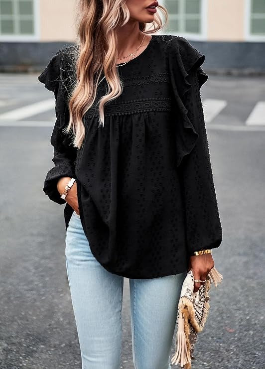 Women's Long Sleeve Shirts, Ruffle Swiss Dot Crochet Loose Fit Tunic, Dressy Casual Tops Blouse, Spring Fashion
