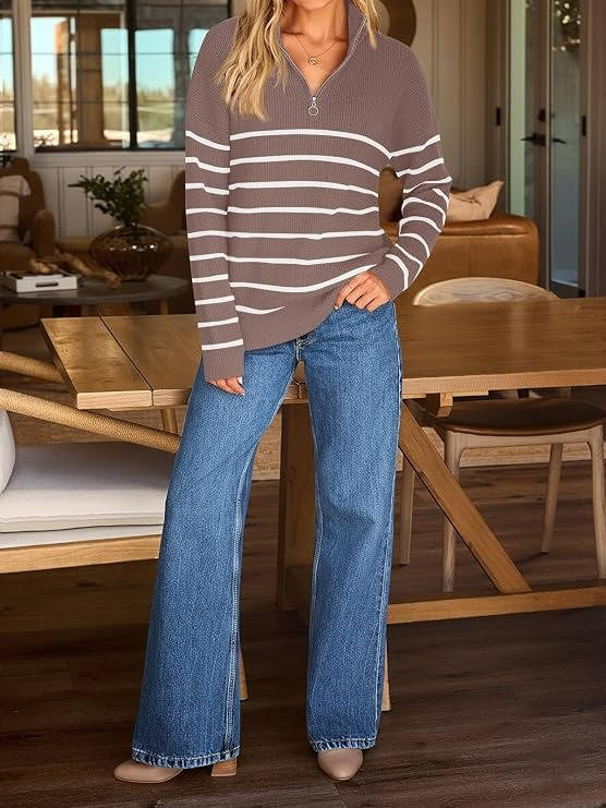 Womens Striped Quarter Zip Sweater - Oversized Mock Neck Knit Pullover