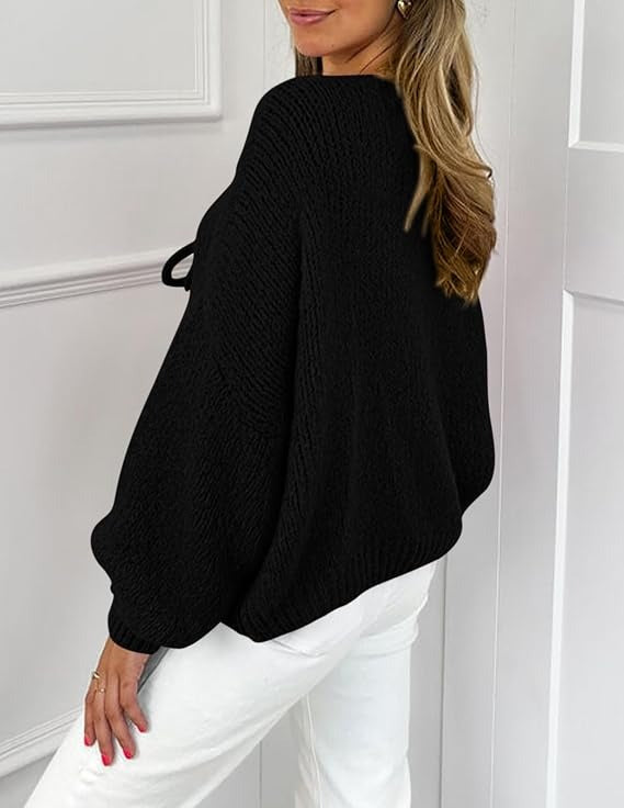 Womens Tie Front Bow Cardigan Sweater, Cozy Chunky Knit Long Puff Sleeve Open Front Sweater Jacket
