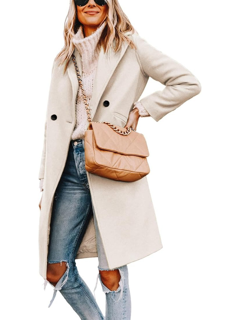 Womens Wool Peacoat, Double Breasted Coat with Notch Lapel