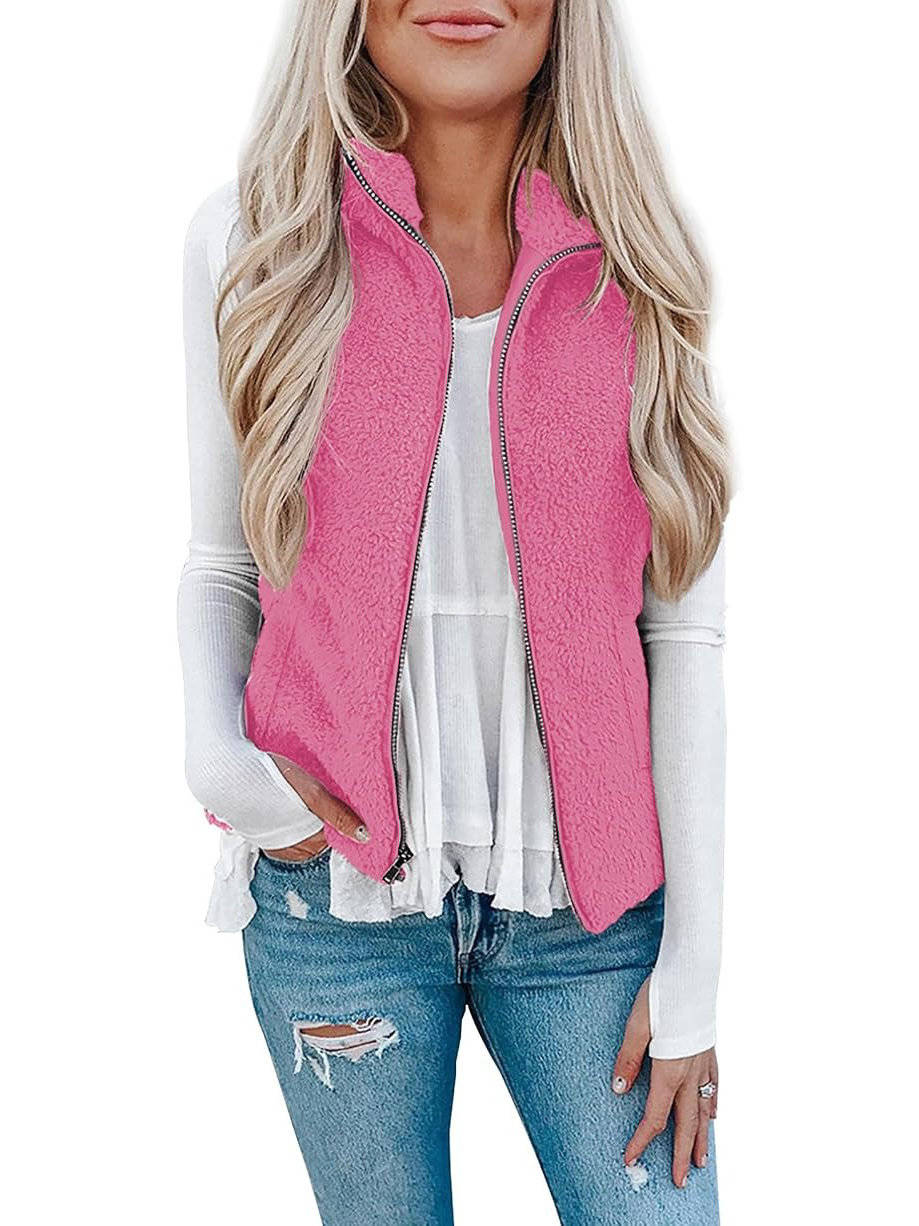 Womens Sherpa Fleece Vest, Fuzzy Lightweight Sleeveless Zipper Jacket with Pockets
