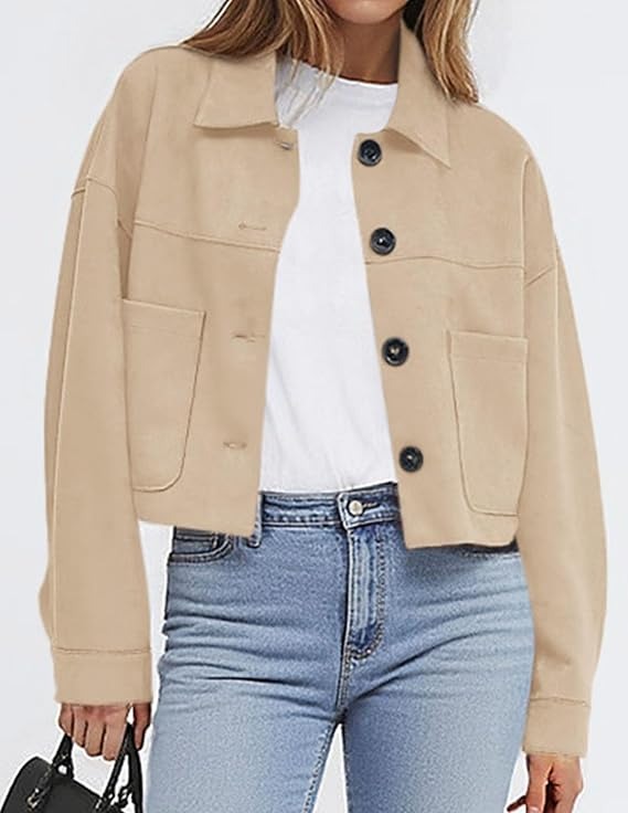 Womens Faux Suede Cropped Jacket, Lightweight Button Down Collared Shacket with Patch Pockets