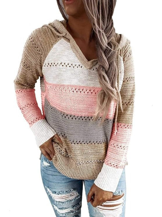 Womens Striped Crochet Sweater Hoodie, Long Sleeve Colorblock Lightweight Knit Pullover