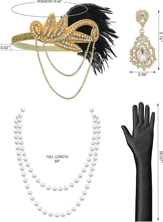 Womens Flapper 1920s Dress, Great Gatsby Roaring 20s Costume, Beaded Sheer Sleeves with Accessories