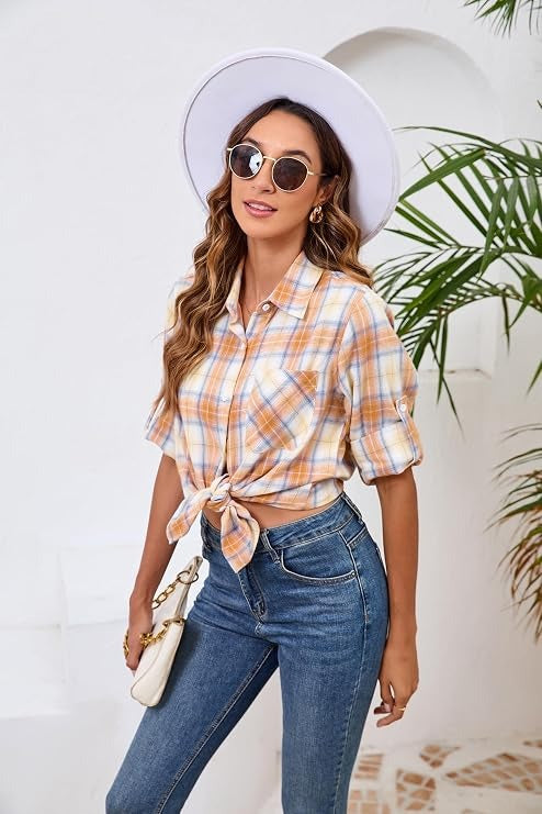 Flannel Shirt for Women, Plaid Western Cowgirl Button Down Shirt, Long Sleeve Oversized Casual Top