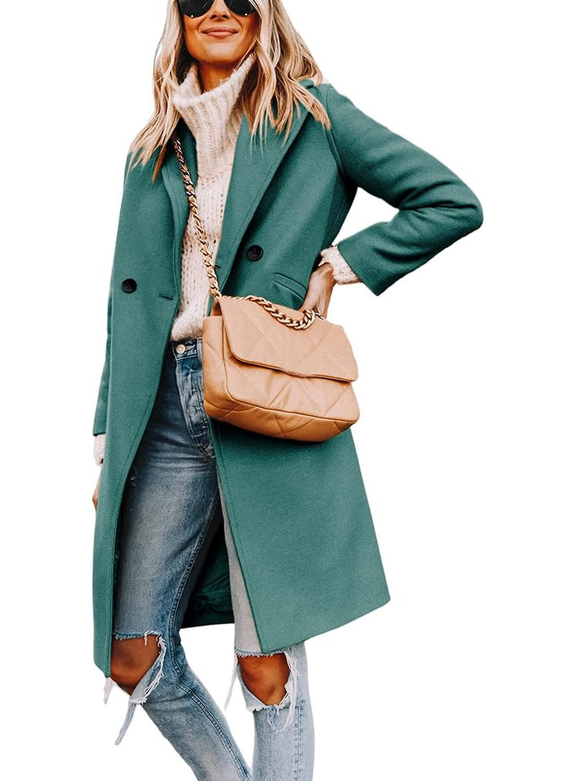 Womens Wool Peacoat, Double Breasted Coat with Notch Lapel