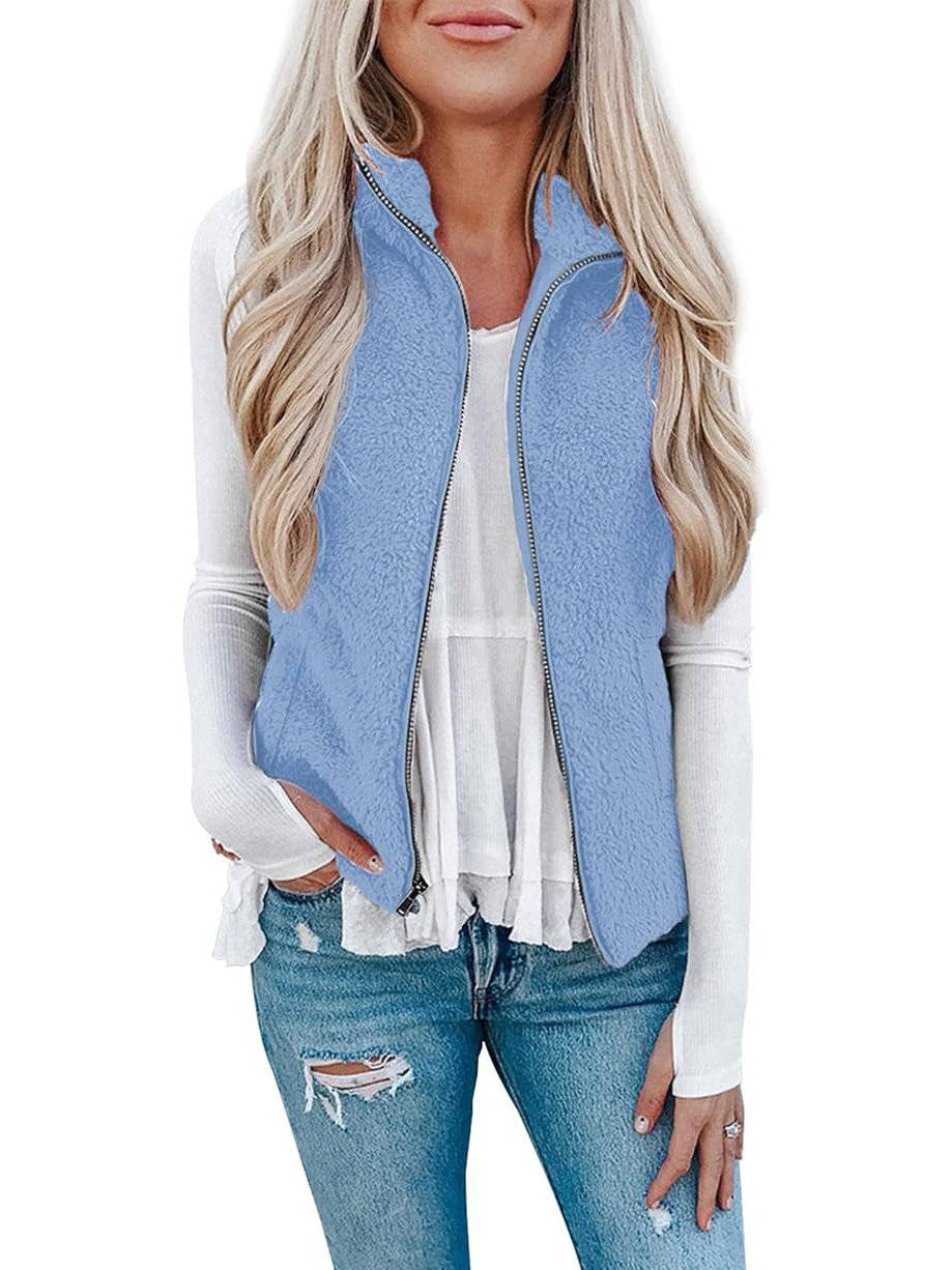 Womens Sherpa Fleece Vest, Fuzzy Lightweight Sleeveless Zipper Jacket with Pockets