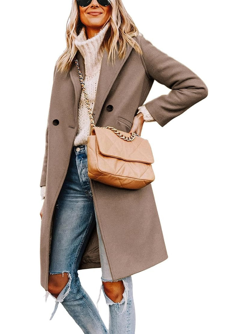 Womens Wool Peacoat, Double Breasted Coat with Notch Lapel