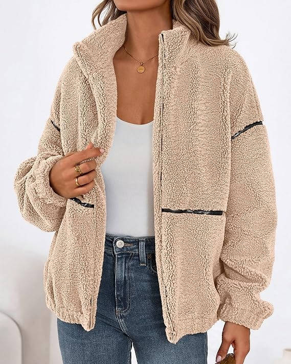 Womens Fleece Zip Up Jacket, Oversized Color Block Teddy Coat with Pockets, Warm Fall Winter Outerwear