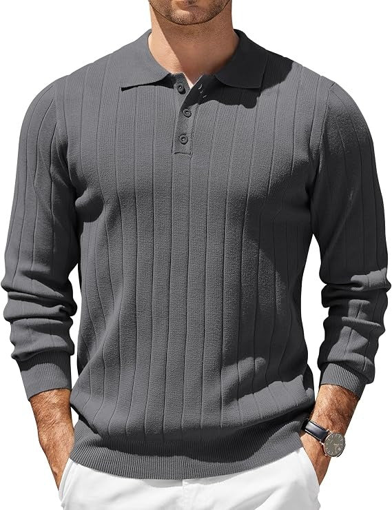 Mens Long Sleeve Knit Polo Shirt, 3 Button Lightweight Slim Fit Sweater, Casual Old Money Style