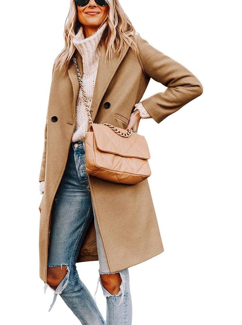 Womens Wool Peacoat, Double Breasted Coat with Notch Lapel