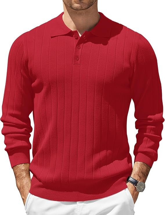 Mens Long Sleeve Knit Polo Shirt, 3 Button Lightweight Slim Fit Sweater, Casual Old Money Style