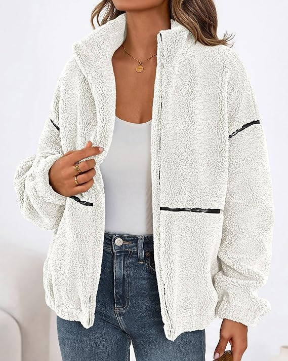 Womens Fleece Zip Up Jacket, Oversized Color Block Teddy Coat with Pockets, Warm Fall Winter Outerwear