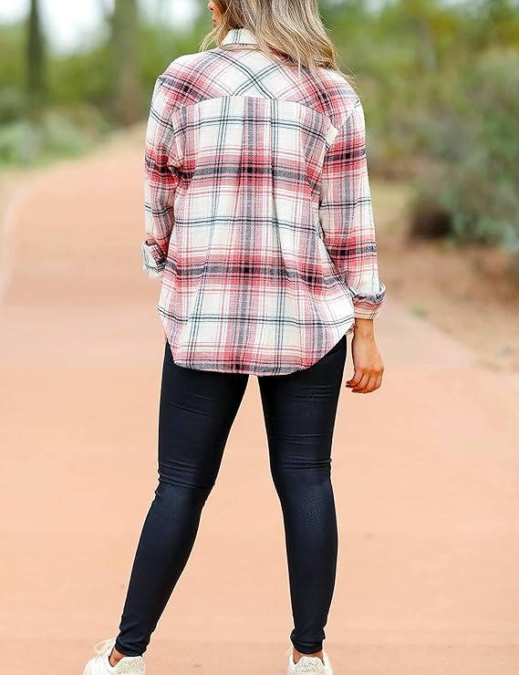 Oversized Flannel Shirt for Women, Long Sleeve Plaid Button Down Buffalo Shirt Blouse Top with One Pocket