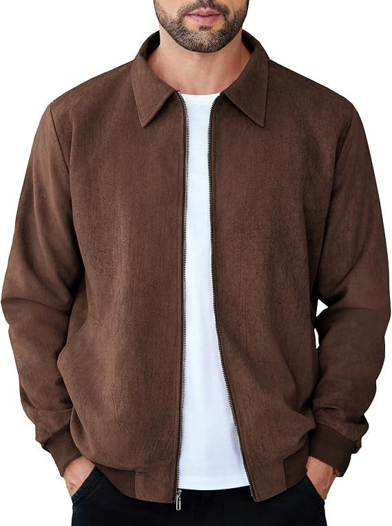 Mens Faux Suede Bomber Jacket - Lightweight Zip Up Fall Jacket