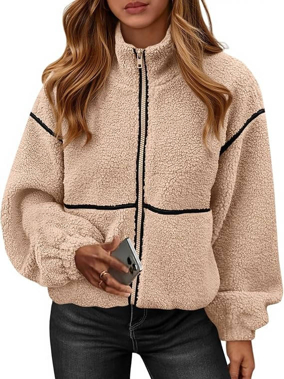 Womens Fleece Zip Up Jacket, Oversized Color Block Teddy Coat with Pockets, Warm Fall Winter Outerwear