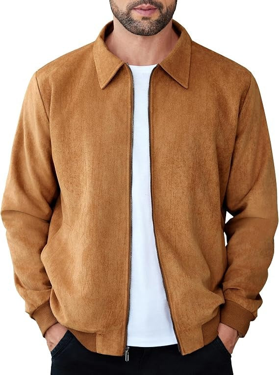 Mens Faux Suede Bomber Jacket - Lightweight Zip Up Fall Jacket