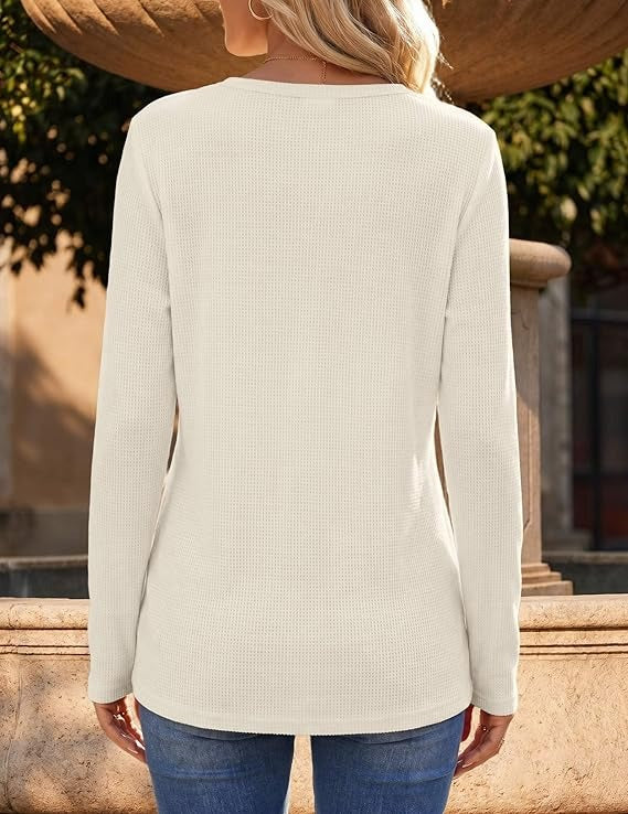 Women's Long Sleeve Waffle Knit Shirts, Dressy Casual Loose Button Up V Neck Tops, Fall Basic Tee Blouse