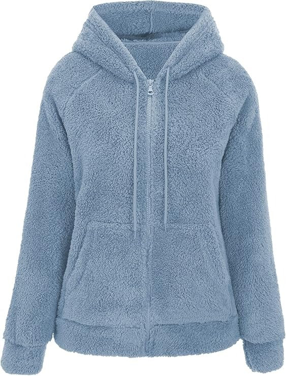 Womens Sherpa Faux Fur Jacket, Hooded Fleece Short Coat, Warm Winter Outerwear