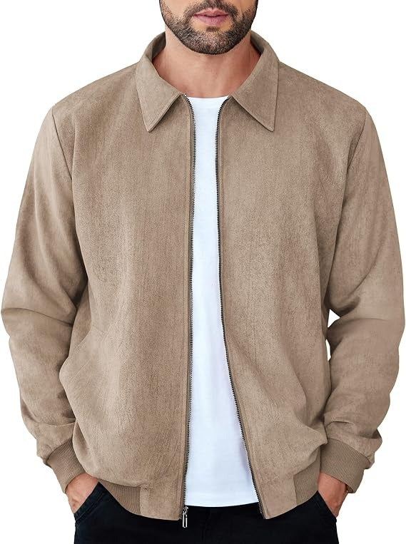 Mens Faux Suede Bomber Jacket - Lightweight Zip Up Fall Jacket