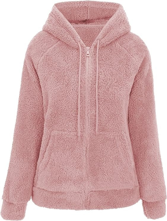 Womens Sherpa Faux Fur Jacket, Hooded Fleece Short Coat, Warm Winter Outerwear