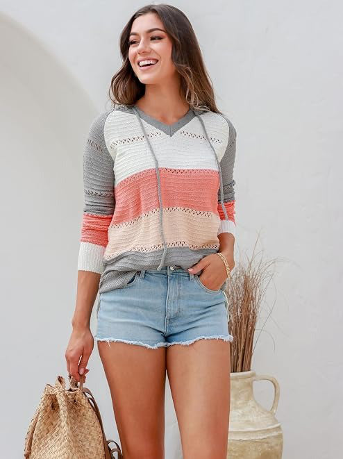 Womens Striped Crochet Sweater Hoodie, Long Sleeve Colorblock Lightweight Knit Pullover