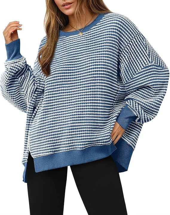 Womens Fall Oversized Sweatshirt, Casual Waffle Knit Long Sleeve Crewneck Split Pullover Tunic Tops