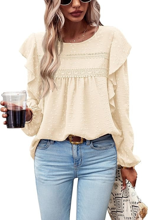 Women's Long Sleeve Shirts, Ruffle Swiss Dot Crochet Loose Fit Tunic, Dressy Casual Tops Blouse, Spring Fashion