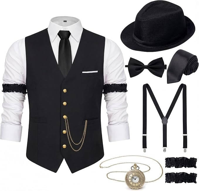 Mens 1920s Gatsby Costume, Roaring 20s Outfit, Vintage Vest and Hat Accessories