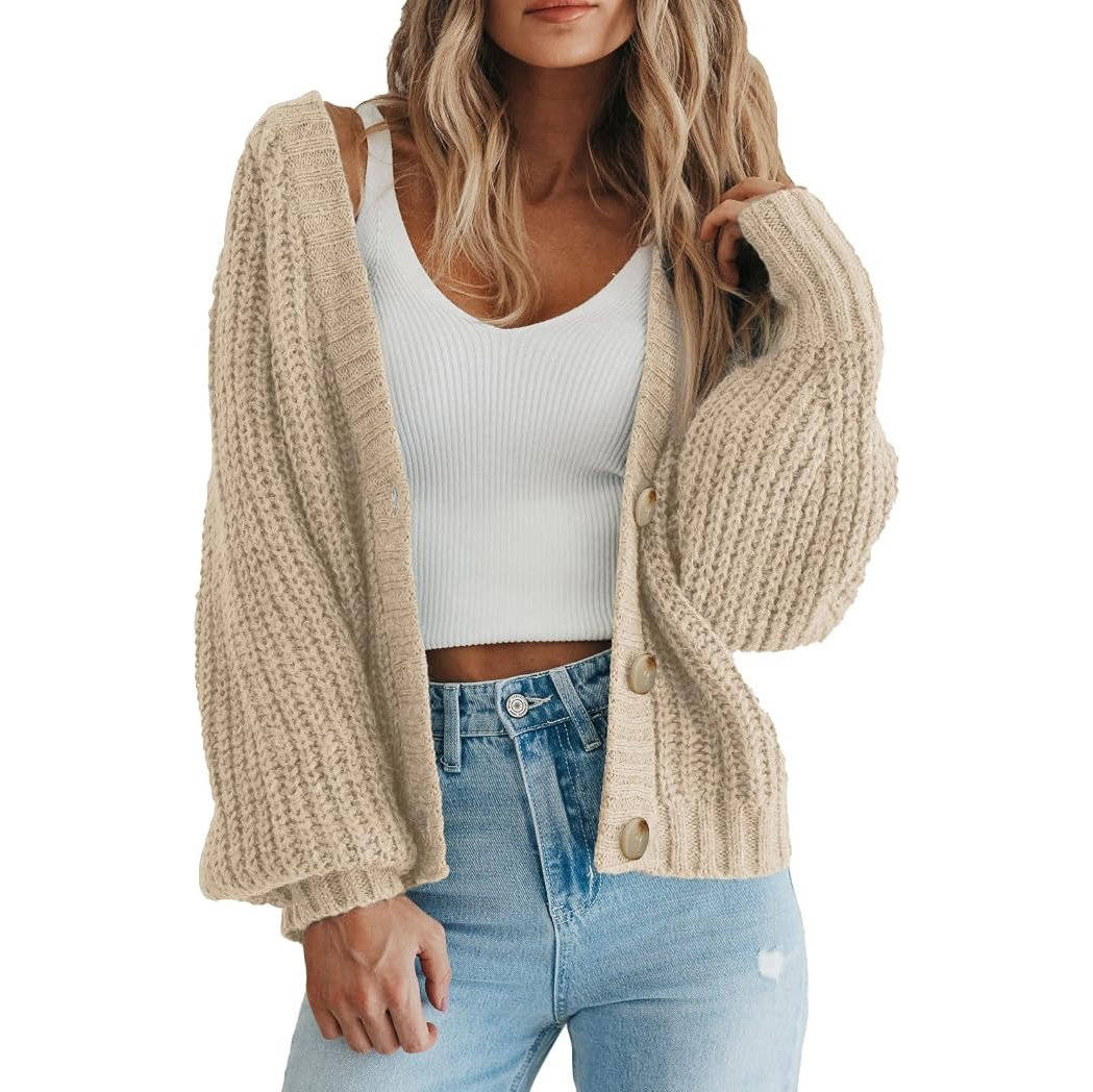 Women's Chunky Knit Open Front Sweater, Long Sleeve Button Loose Short Cardigan Outerwear Coat