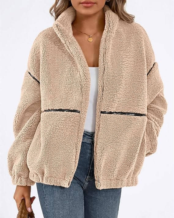 Womens Fleece Zip Up Jacket, Oversized Color Block Teddy Coat with Pockets, Warm Fall Winter Outerwear