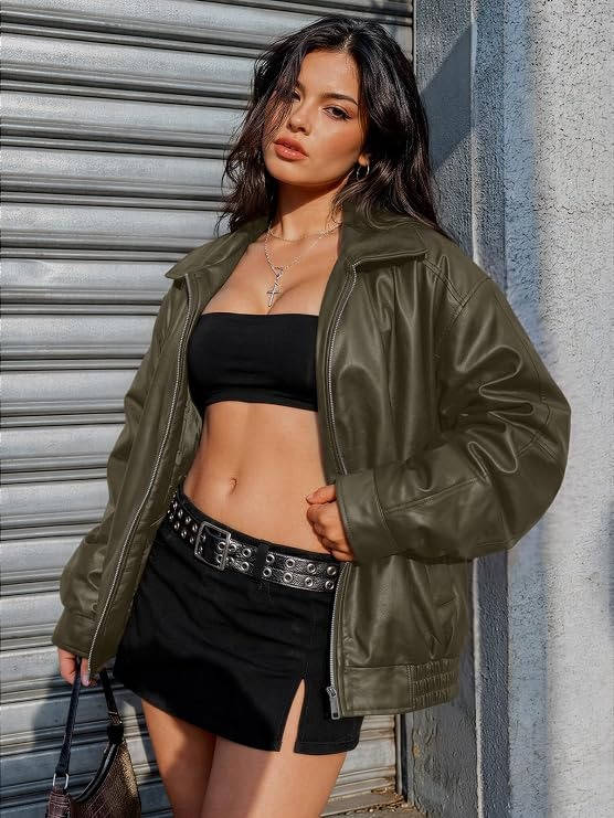 Womens Oversized Faux Leather Jacket, Boyfriend Biker Moto Coat, Medium Weight Fall Winter Outerwear
