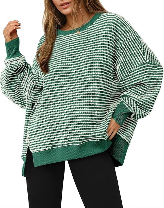 Womens Fall Oversized Sweatshirt, Casual Waffle Knit Long Sleeve Crewneck Split Pullover Tunic Tops