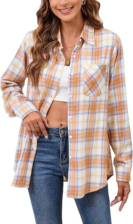 Flannel Shirt for Women, Plaid Western Cowgirl Button Down Shirt, Long Sleeve Oversized Casual Top
