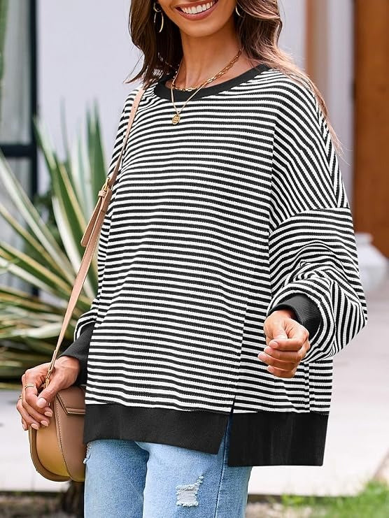 Womens Fall Oversized Sweatshirt, Casual Waffle Knit Long Sleeve Crewneck Split Pullover Tunic Tops