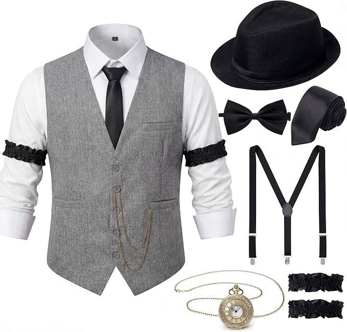 Mens 1920s Gatsby Costume, Roaring 20s Outfit, Vintage Vest and Hat Accessories