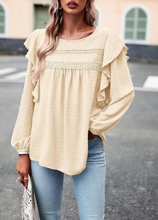 Women's Long Sleeve Shirts, Ruffle Swiss Dot Crochet Loose Fit Tunic, Dressy Casual Tops Blouse, Spring Fashion