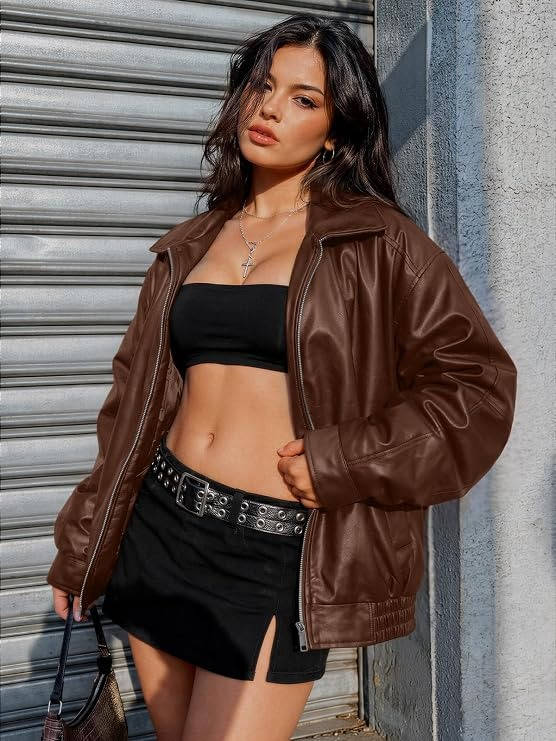 Womens Oversized Faux Leather Jacket, Boyfriend Biker Moto Coat, Medium Weight Fall Winter Outerwear
