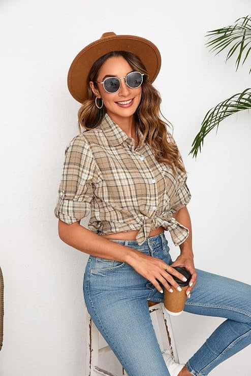 Flannel Shirt for Women, Plaid Western Cowgirl Button Down Shirt, Long Sleeve Oversized Casual Top