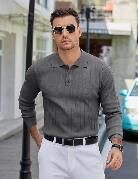 Mens Long Sleeve Knit Polo Shirt, 3 Button Lightweight Slim Fit Sweater, Casual Old Money Style