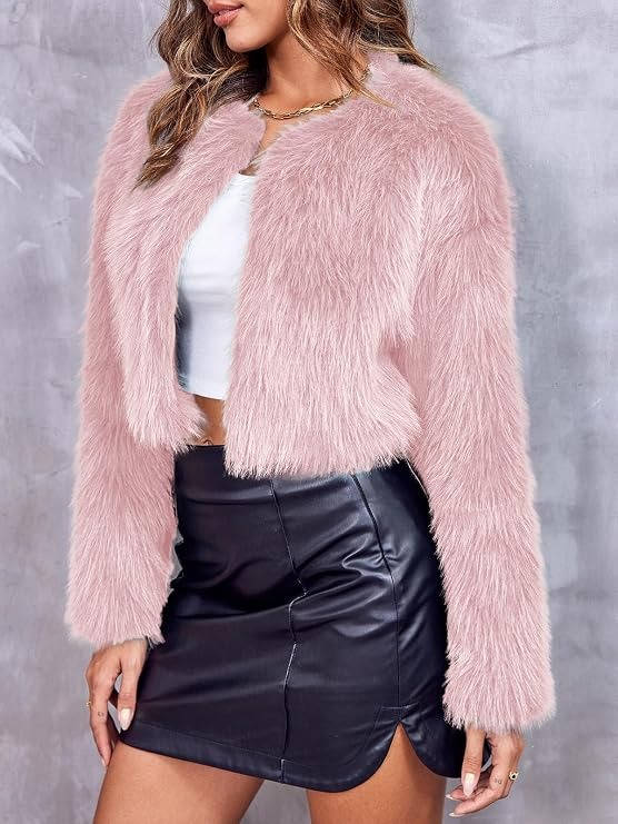 Womens Cropped Faux Fur Jacket, Fluffy Shaggy Long Sleeve Short Coat