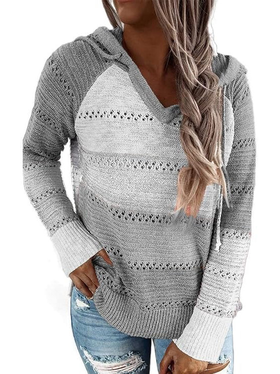Womens Striped Crochet Sweater Hoodie, Long Sleeve Colorblock Lightweight Knit Pullover