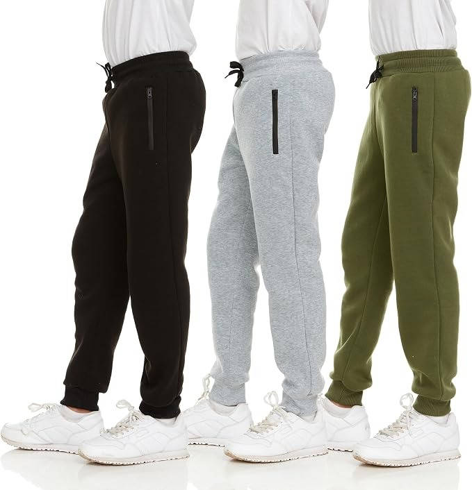 Boys Sweatpants 3 Pack, Fleece Joggers, Athletic Workout Pants with Zipper Pocket, Drawstring