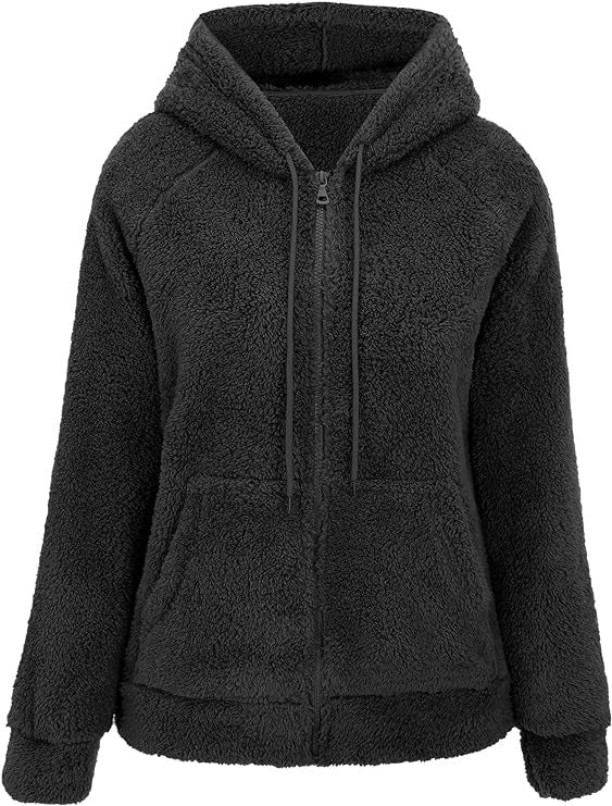 Womens Sherpa Faux Fur Jacket, Hooded Fleece Short Coat, Warm Winter Outerwear