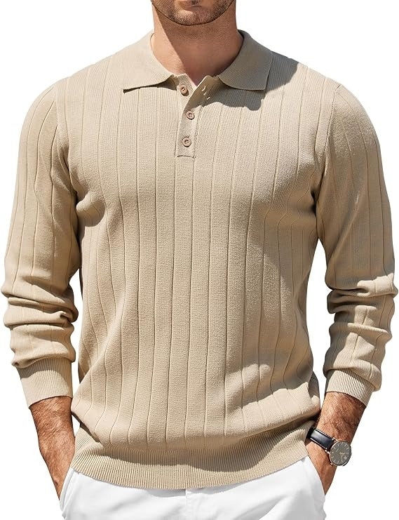 Mens Long Sleeve Knit Polo Shirt, 3 Button Lightweight Slim Fit Sweater, Casual Old Money Style